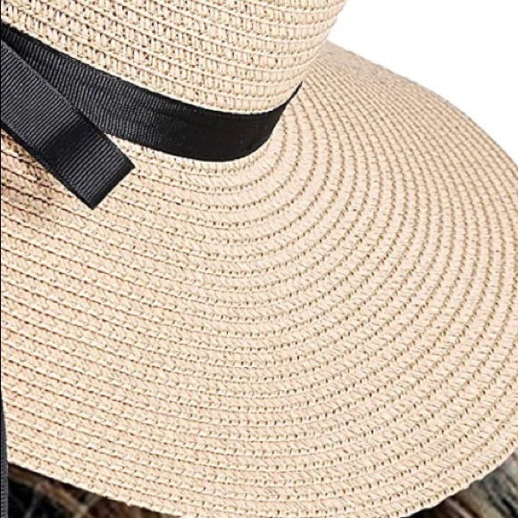 Beige Floppy Beach Straw Hat, Foldable Wide Brim with Bowknot UPF50 - Picture 7 of 7